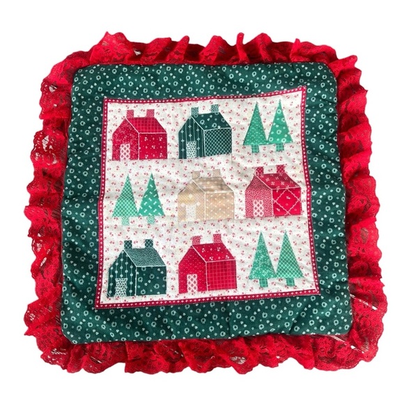 VTG Cranston Fabrics Country Christmas Accent Pillow Cover Lace Handmade 14x14 - Picture 1 of 10
